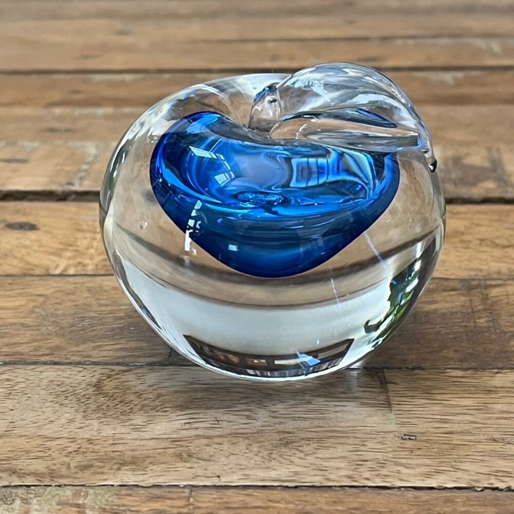 Studio Art Glass Apple Paperweight 2.5 in Clear and Blue Hand-blown Modern